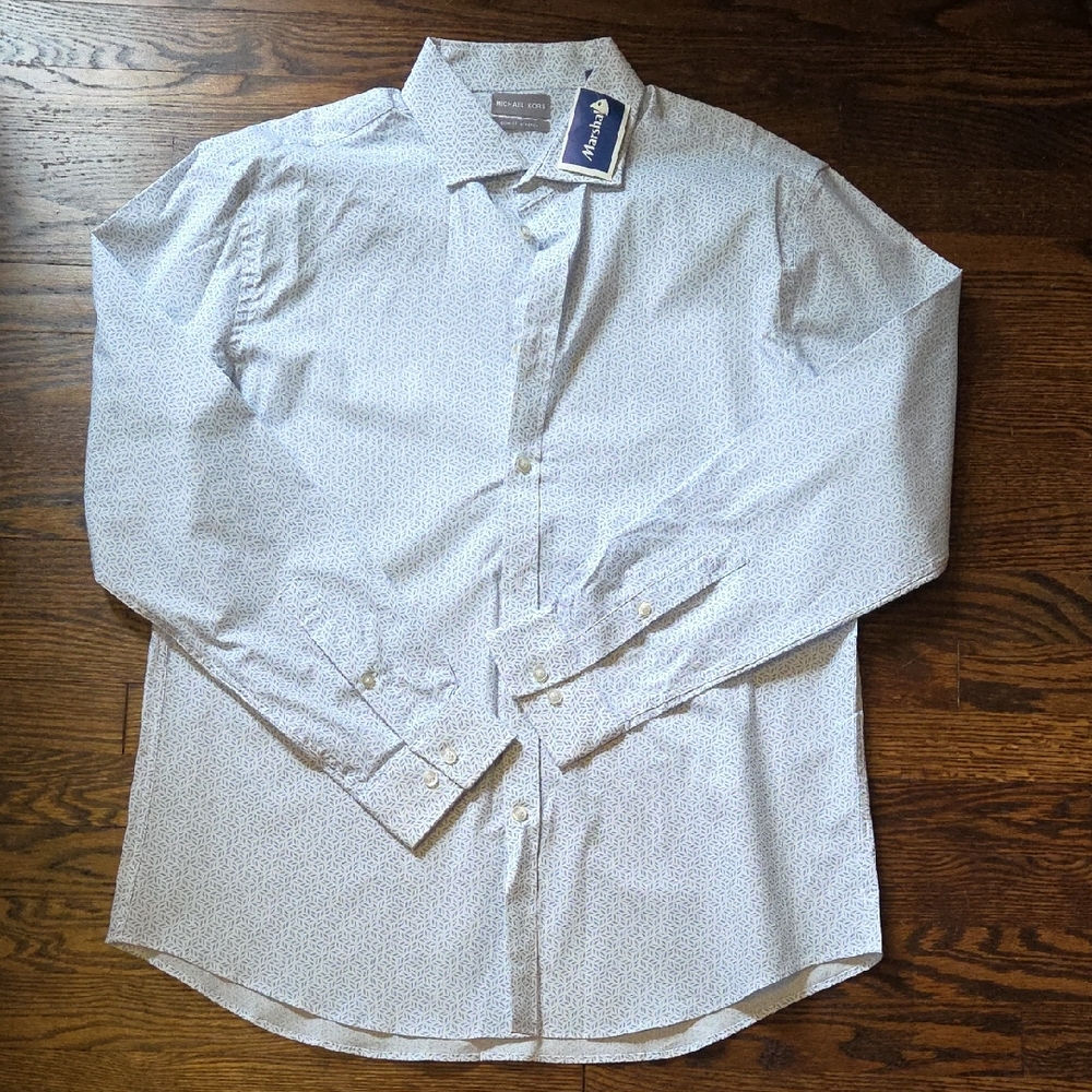 Men's White and Gray Patterned Button Down Shirt